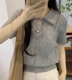 ケーブルポロカラー半袖ニットのサムネイル