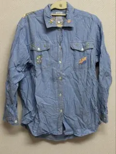 古着 刺繍デニム風シャツ ライトブルー