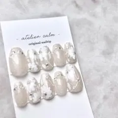 ブライダル　フラワー　お花　白　ラメ　ネイルチップ56 現品　サイズオーダー可