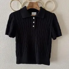 sara&cake ケーブルニットポロシャツ　半袖　ブラック　金ボタン