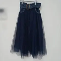 チュールスカート ロング ネイビー デニム 異素材 Mサイズ