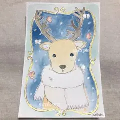原画　水彩画　トナカイ　蝶々　冬　雪　ポストカード　手描きイラスト　特厚口