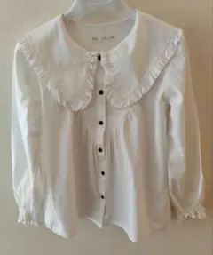 美品　ZARA　お洒落 ビックカラー　フリル付き襟　ホワイト　長袖シャツ