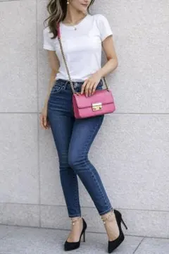 美品 FURLA ピンクショルダーバッグチェーン ゴールド金具 差し色 夏コーデ