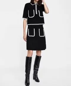 人気完売品 ザラ ZARA パイピングニットスカートセットアップ 黒ブラック S