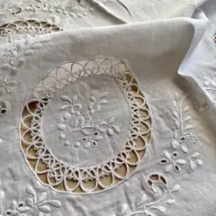 ヴィンテージ 白系刺繍 レース テーブルクロスリネン 正方形 104cm