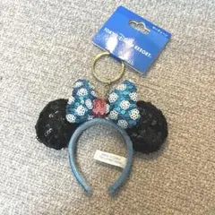 ディズニー カチューシャ キーホルダー ミニー 水玉 水色 スパンコール