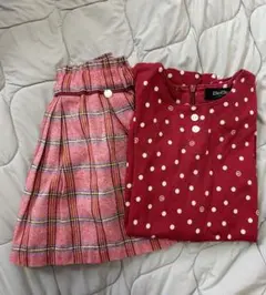 美品 BeBe 赤い水玉ワンピースとピンクスカート 2点セット 100