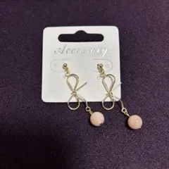 ハンドメイド リボン ピンクパール ピアス