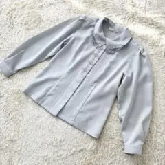 長袖ブラウス　レース　襟　ピンタック　ブルー