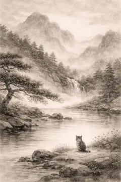 【3枚で1200円】☆風景画 猫と滝のモノクロ画