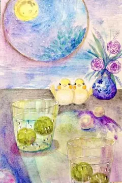 みみ様専用水彩画　満月と梅酒と小鳥　値段は700円です