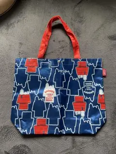 スヌーピー 総柄トートバッグ サテン生地 青 手提げ マチ付き PEANUTS