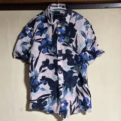 バナナリパブリック 花柄 シャツ 襟 半袖 M 桃紺 綿 リゾート お出かけ