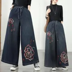 新品 大きいサイズ 3L 華やかな刺繍　デニムワイドパンツ　オールシーズン　春