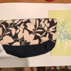 花柄キャンバスポーチ ネイビー＋昭和レトロカード