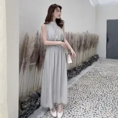 パーティードレス　結婚式お呼ばれドレス　グレーロングワンピース