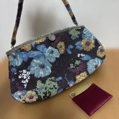 総ビーズバッグ　昭和　レトロ　花柄　アンティーク　ビンテージ　ミラー付