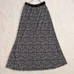 ロペピクニック　花柄細プリーツロングスカート　Ｍ　黒×白　薄手　透け感　きれいめ