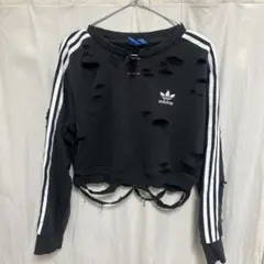 adidas ダメージ加工 クロップドトレーナー S ブラック