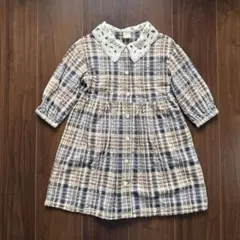 【中古】プティマイン　petit main　チェック柄レース襟ワンピース　110