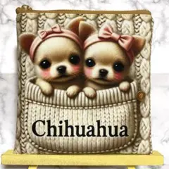 2518✨ポケットチワワちゃん✨フラットポーチ　ニット柄生地使用　ハンドメイド