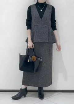 グレー ペプラムデザイン ワンピース