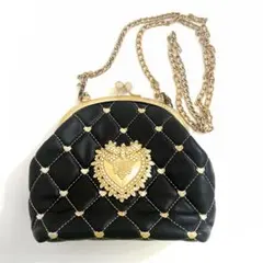 キルティング ショルダーバッグ 黒 ゴールドチェーン がま口 フェイクレザー