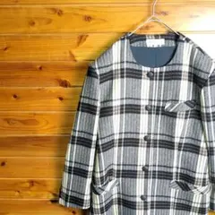 ノーカラージャケット　アウター　チェック柄　ボタン　Ⅼ　ウール　レーヨン　古着