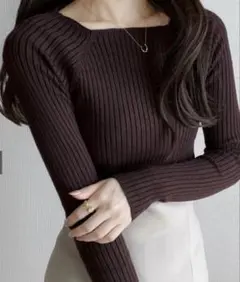 スクエアネックリブニットトップス[rut072]