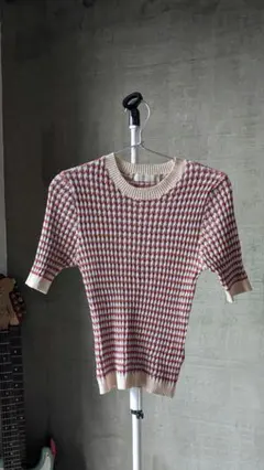 SENSE OF PLACE 赤と白のチェック柄 半袖ニットセーター