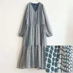 美品 ミナ ペルホネン 総柄コットンシルク混ワンピース 38 茶 青 長袖