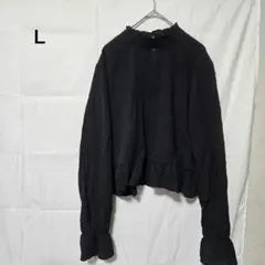 レディース [Ｌ] ブラック コットン 長袖 トップス 短丈 フリル 可愛い古着