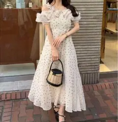 GRL ドット柄 フリルオフショルダーフレアロングワンピース ru1165