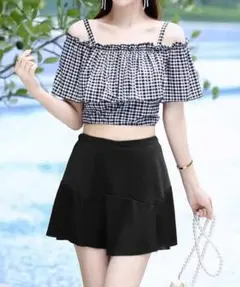 水着 オフショルダー チェック柄水着 韓国風 ギンガムチェック