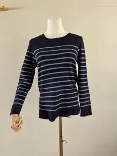 ネイビー 水色 ストライプ 長袖ニット