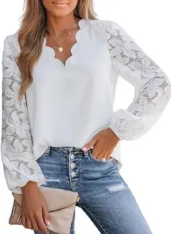 レディース レース スカラップ V ネック 長袖 ブラウス トップス