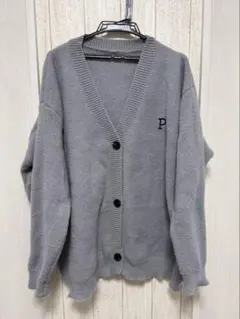 Vネック ニットカーディガン グレー ワンポイント刺繍 オーバーサイズ