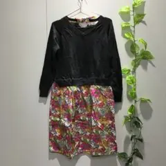 【Afternoon Tea】長袖 ワンピース 花柄切替 黒×ピンク系 Mサイズのサムネイル