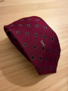 【極美品】 イヴサンローラン　シルクネクタイ ボルドー YSLロゴ刺繍 総柄