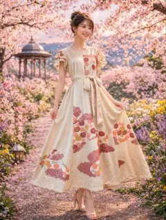 訪問着着物リメイクワンピース正絹ウエストリボン付き着丈128センチ身幅60センチ