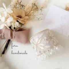 ♡インド刺繍リボン　ポニーフック　ヘアカフ　淡いピンク　ふわふわレース♡