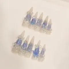 ネイルチップ　スーパーロング　チーク　青　ギャル　ワンホン　白　スナ系　蝶　大人