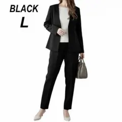 パンツスーツ　ペプラム　セットアップ　フォーマル　レディース　仕事　ブラック　L
