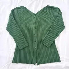 リブ編みグリーン長袖カーディガン