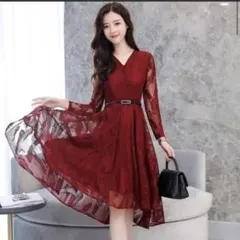 結婚式 ロング ドレス ワンピース レース 長袖 L 韓国 夏服 赤 ボルドー