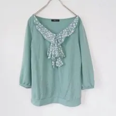 【コムサイズム】Vネックカットソー シフォンフリルリボンタイ 7分袖 フェミニン