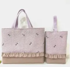 ヌビフリル付きレッスンバック　上履き袋　2点セット　入学入園　リボン柄