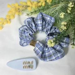 ♡チェック柄♡シュシュ♡ヘアクリップ♡水色♡白♡バレッタ♡結婚式♡お呼ばれ♡