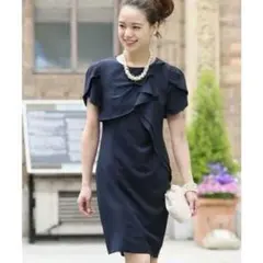 美品　プールヴー　ワンピース　パーティードレス　4L セレモニー　結婚式　紺